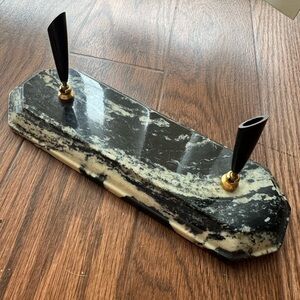 Vintage Black and Cream Marble Double Pen Stand